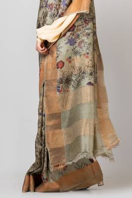 Indiloom Grey Digital Print Tussar Zari Saree With Blouse Print 3