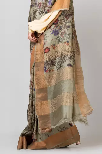 Indiloom Grey Digital Print Tussar Zari Saree With Blouse Print