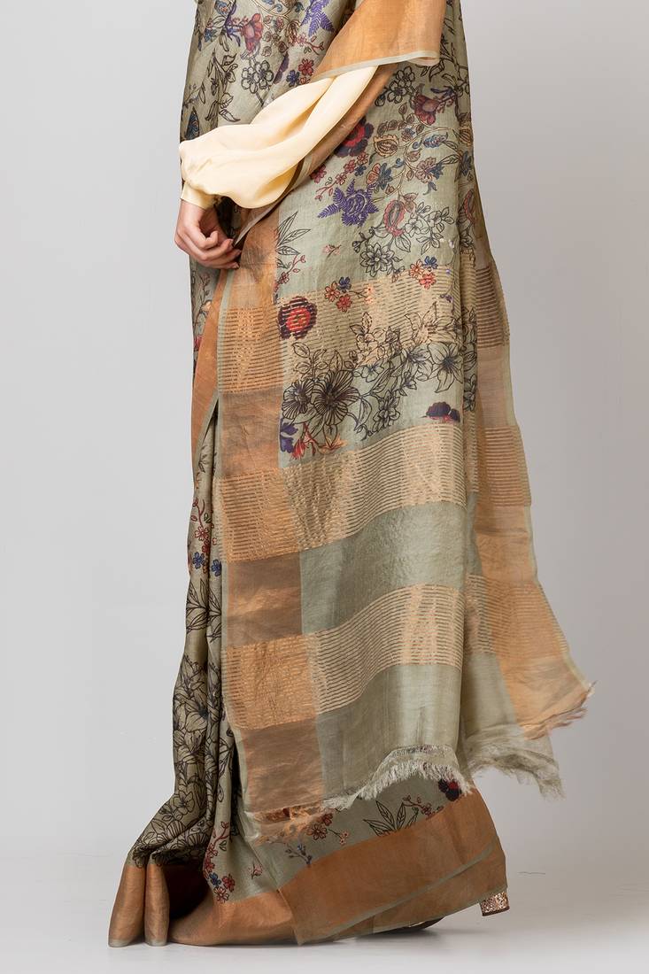 Indiloom Grey Digital Print Tussar Zari Saree With Blouse Print