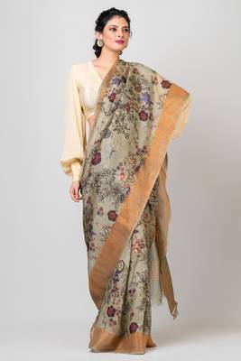Indiloom Grey Digital Print Tussar Zari Saree With Blouse Print 1
