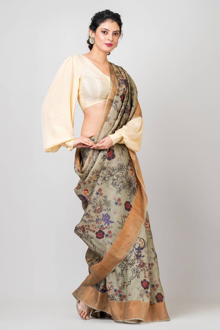 Indiloom Grey Digital Print Tussar Zari Saree With Blouse Print