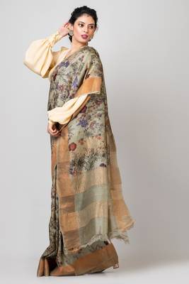 Indiloom Grey Digital Print Tussar Zari Saree With Blouse Print 5