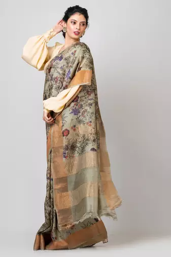 Indiloom Grey Digital Print Tussar Zari Saree With Blouse Print