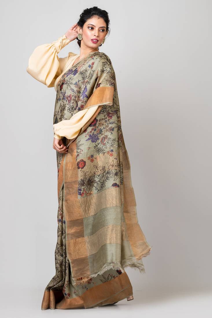 Indiloom Grey Digital Print Tussar Zari Saree With Blouse Print