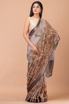 Indiloom Grey Ombre Digital Print Chanderi Zari Saree With Blouse Piece 1