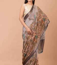 Indiloom Grey Ombre Digital Print Chanderi Zari Saree With Blouse Piece