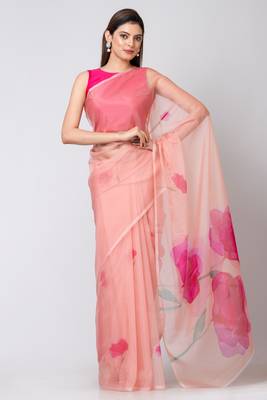 Indiloom Peach Digital Print Organza Saree With Blouse Piece 1