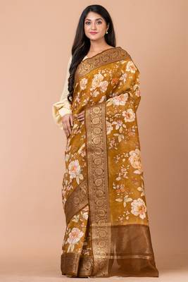 Indiloom Mehandi Digital Print Chanderi Zari Saree With Blouse Piece 1