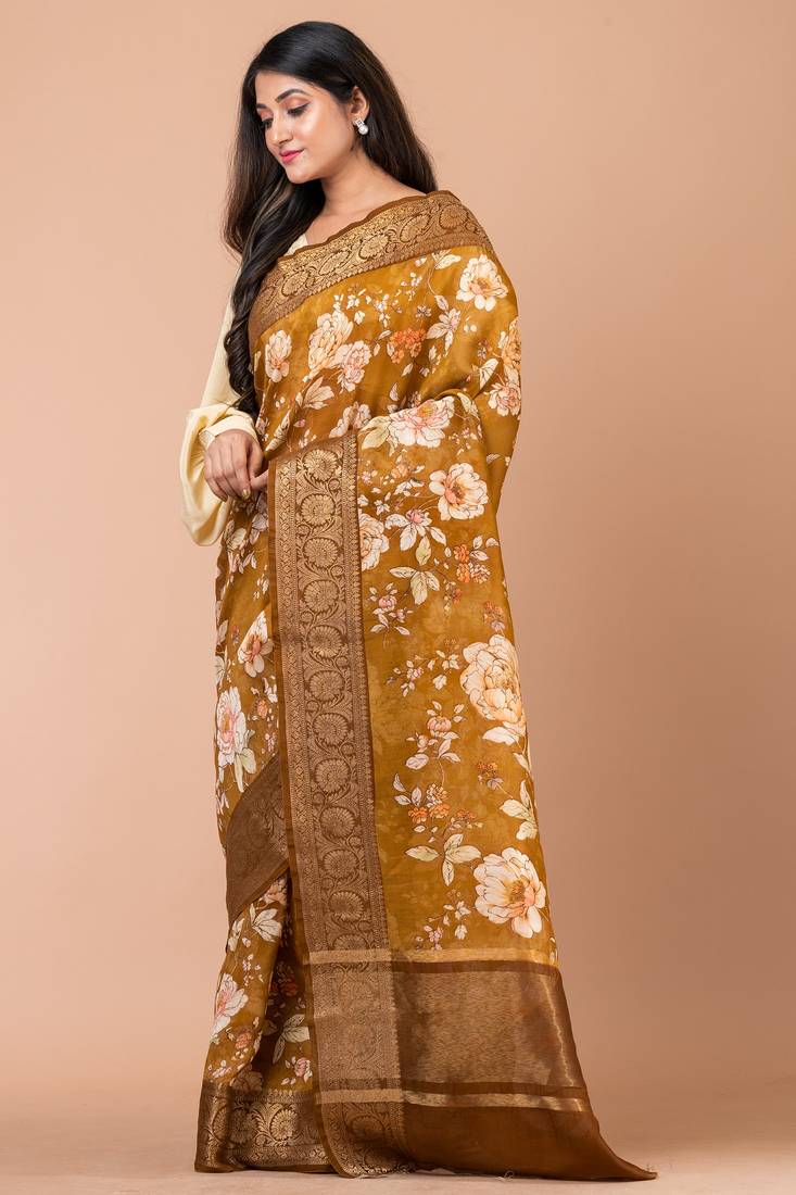 Indiloom Mehandi Digital Print Chanderi Zari Saree With Blouse Piece