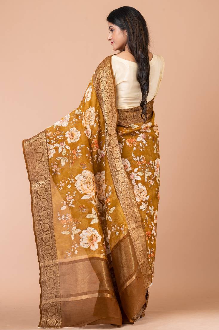 Indiloom Mehandi Digital Print Chanderi Zari Saree With Blouse Piece