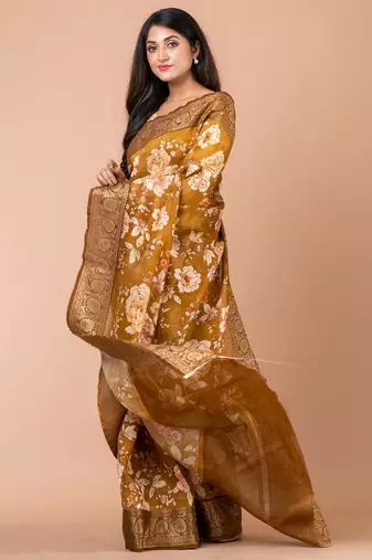 Indiloom Mehandi Digital Print Chanderi Zari Saree With Blouse Piece