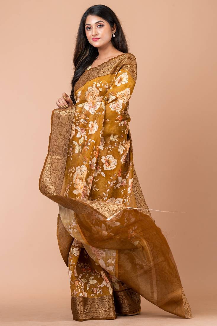 Indiloom Mehandi Digital Print Chanderi Zari Saree With Blouse Piece