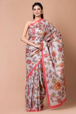 Indiloom Silver Grey Cream Digital Print Semi Tussar Saree With Blouse Piece 1