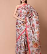 Indiloom Silver Grey Cream Digital Print Semi Tussar Saree With Blouse Piece