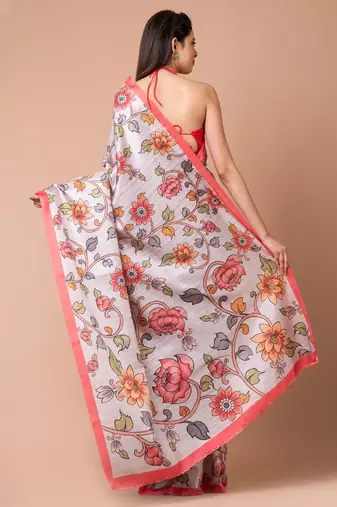 Indiloom Silver Grey Cream Digital Print Semi Tussar Saree With Blouse Piece