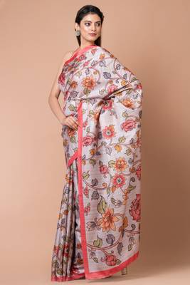 Indiloom Silver Grey Cream Digital Print Semi Tussar Saree With Blouse Piece 3