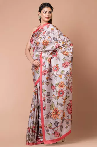 Indiloom Silver Grey Cream Digital Print Semi Tussar Saree With Blouse Piece