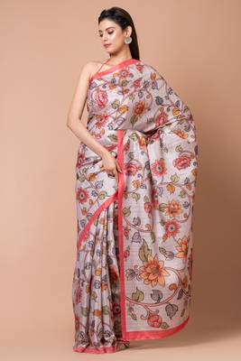 Indiloom Silver Grey Cream Digital Print Semi Tussar Saree With Blouse Piece 4