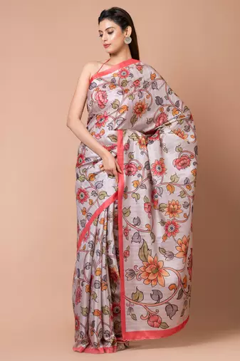 Indiloom Silver Grey Cream Digital Print Semi Tussar Saree With Blouse Piece