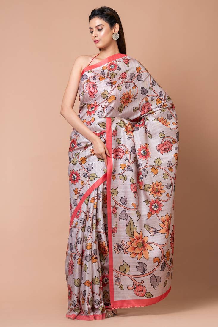 Indiloom Silver Grey Cream Digital Print Semi Tussar Saree With Blouse Piece