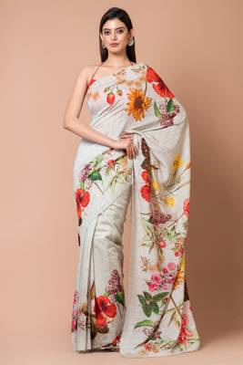 Indiloom Grey Digital Print Woven Sequence Crepe Saree With Blouse Piece 1