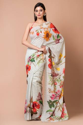 Indiloom Grey Digital Print Woven Sequence Crepe Saree With Blouse Piece