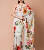 Indiloom Grey Digital Print Woven Sequence Crepe Saree With Blouse Piece