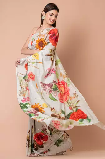 Indiloom Grey Digital Print Woven Sequence Crepe Saree With Blouse Piece
