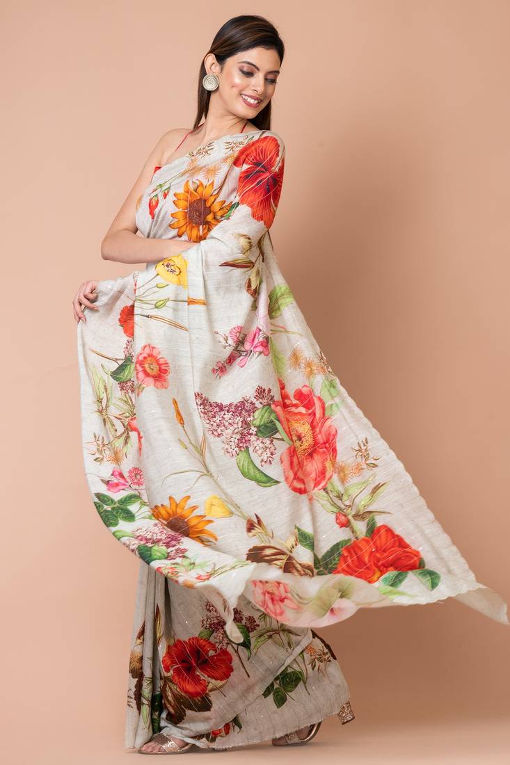 Indiloom Grey Digital Print Woven Sequence Crepe Saree With Blouse Piece