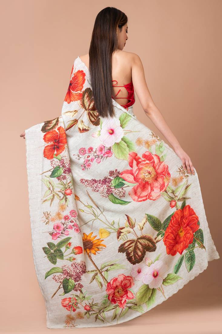 Indiloom Grey Digital Print Woven Sequence Crepe Saree With Blouse Piece