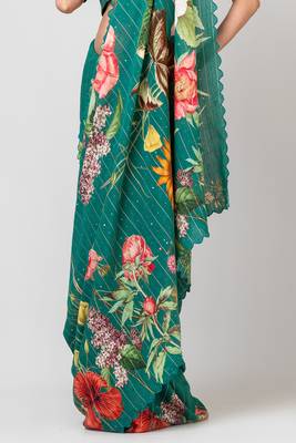 Indiloom Green Digital Print Woven Sequence Crepe Saree With Blouse Piece 2