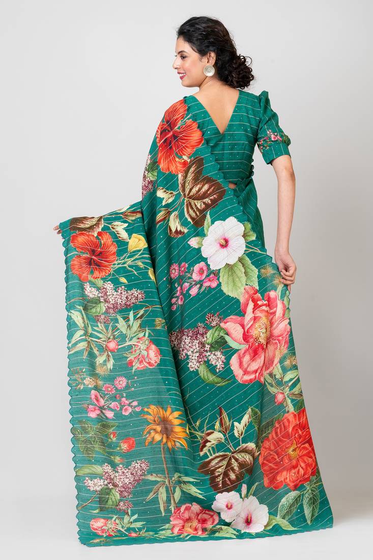 Indiloom Green Digital Print Woven Sequence Crepe Saree With Blouse Piece