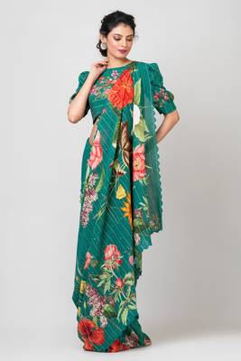 Indiloom Green Digital Print Woven Sequence Crepe Saree With Blouse Piece 1