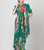 Indiloom Green Digital Print Woven Sequence Crepe Saree With Blouse Piece