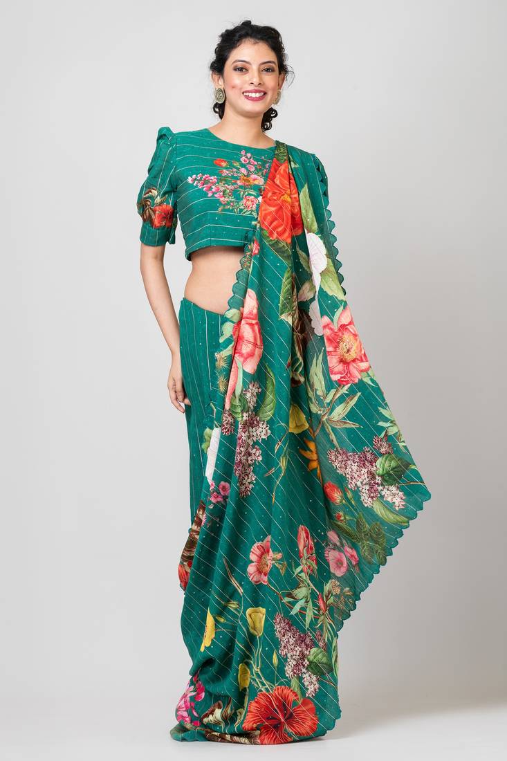 Indiloom Green Digital Print Woven Sequence Crepe Saree With Blouse Piece