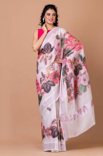 Indiloom White Digital Print Kasavu Kerela Cotton Saree With Blouse Piece