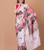 Indiloom White Digital Print Kasavu Kerela Cotton Saree With Blouse Piece