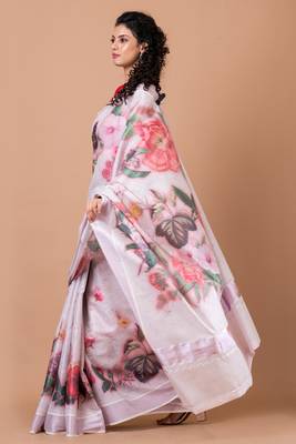 Indiloom White Digital Print Kasavu Kerela Cotton Saree With Blouse Piece 2
