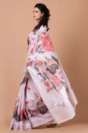 Indiloom White Digital Print Kasavu Kerela Cotton Saree With Blouse Piece