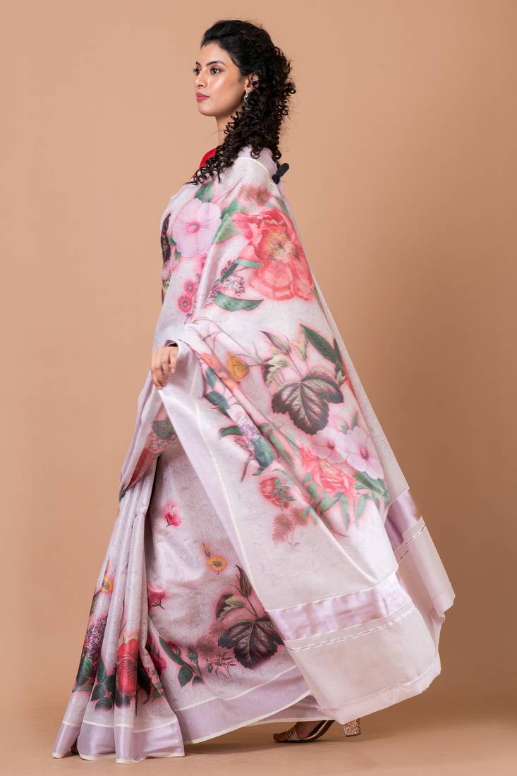 Indiloom White Digital Print Kasavu Kerela Cotton Saree With Blouse Piece