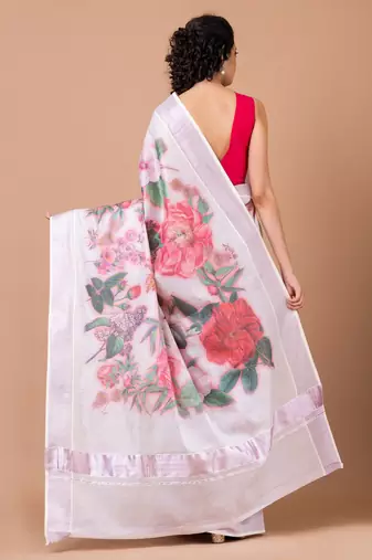 Indiloom White Digital Print Kasavu Kerela Cotton Saree With Blouse Piece
