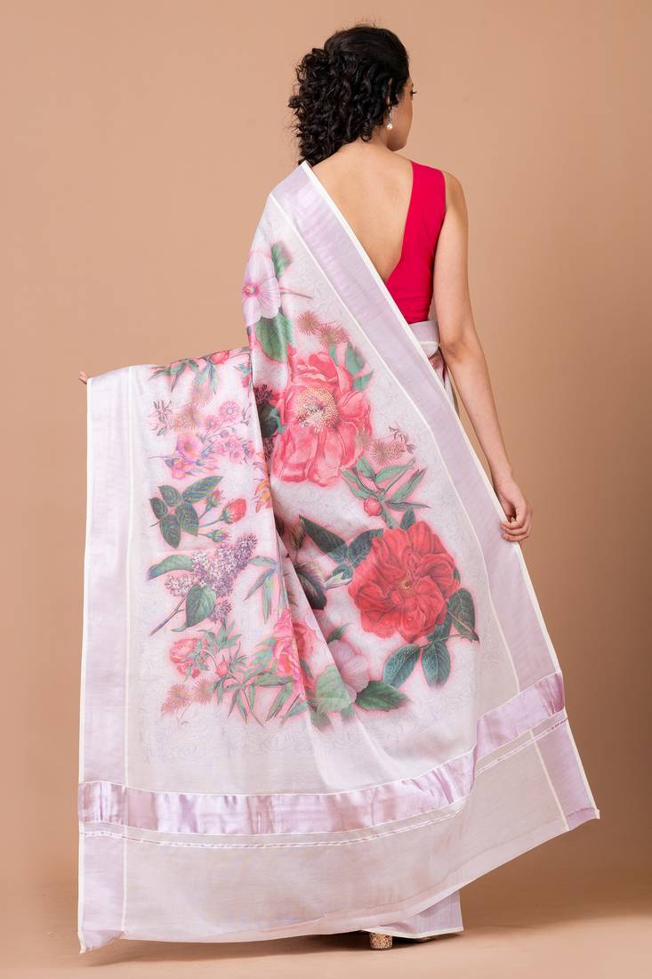 Indiloom White Digital Print Kasavu Kerela Cotton Saree With Blouse Piece