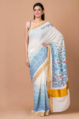 Indiloom White Digital Print Kasavu Kerela Cotton Saree With Blouse Piece 1
