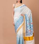 Indiloom White Digital Print Kasavu Kerela Cotton Saree With Blouse Piece