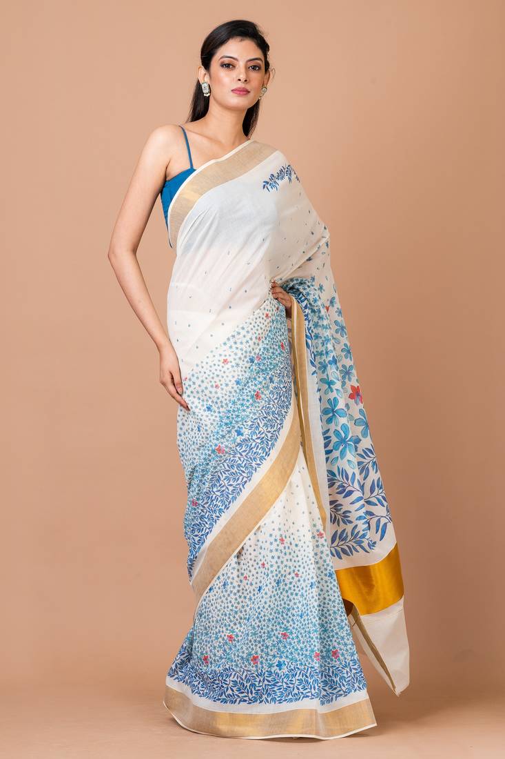 Indiloom White Digital Print Kasavu Kerela Cotton Saree With Blouse Piece