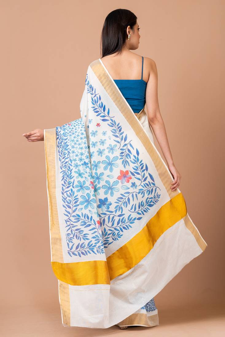 Indiloom White Digital Print Kasavu Kerela Cotton Saree With Blouse Piece