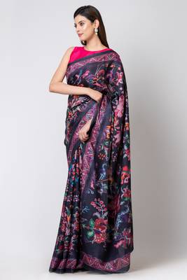 Indiloom Dark Violet Digital Print Semi Tussar Saree With Blouse Piece 1