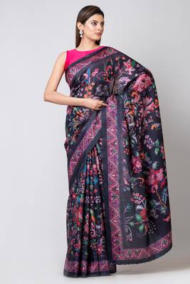 Indiloom Dark Violet Digital Print Semi Tussar Saree With Blouse Piece 2