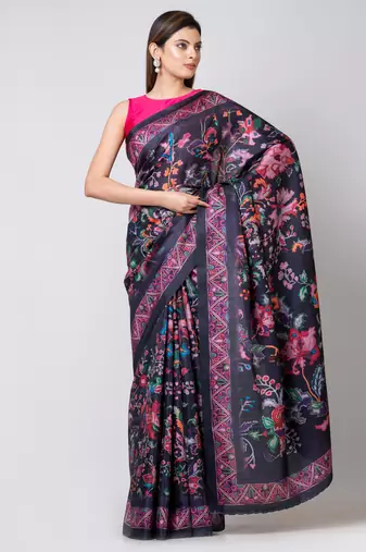 Indiloom Dark Violet Digital Print Semi Tussar Saree With Blouse Piece