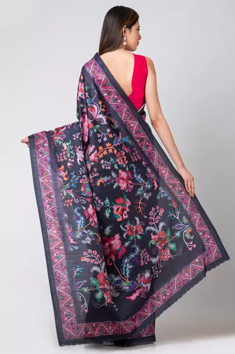 Indiloom Dark Violet Digital Print Semi Tussar Saree With Blouse Piece